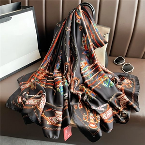 Elegant Retro Chain Floral Butterfly Print Scarf Shawl Large Satin Satiny Texture Sun Protection Wrap For Women Travel Luxury