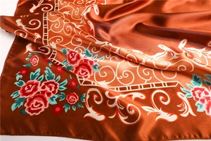 Détail de l'écharpe en satin montrant des motifs de roses rétro et une texture de soie