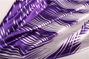 Detail of silk-satin scarf showing smooth purple and white ink-style texture and luster