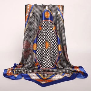 Classic houndstooth silk scarf with vintage chain patterns and satin finish square wrap