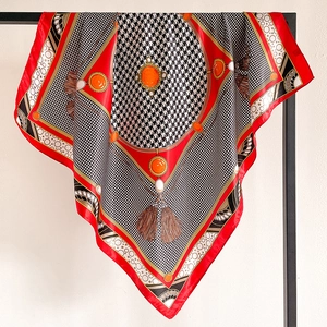 Vintage Houndstooth Square Scarf Satin Polyester Satin Feel Chain Gemstone Print Large Elegant Wrap For Women Headscarf