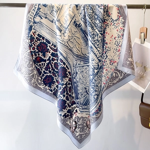 Detailed close-up of retro tarot pattern on large silk scarf with contrast edges