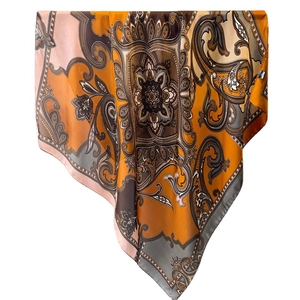 90cm paisley floral print satin silk scarf with orange and brown bohemian patterns