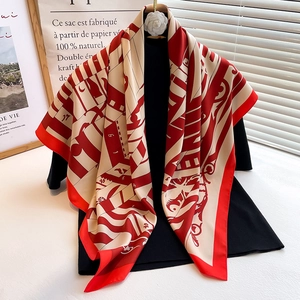 Red and beige geometric floral silk scarf 90x90cm on hanger for elegant styling