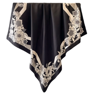 Elegant 90x90cm floral print silk scarf with classic black and white artistic pattern