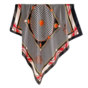 Classic houndstooth silk scarf with red gemstone print and tassels on white background