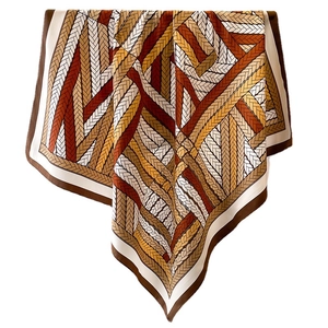 Elegant 90x90cm square silk scarf with vintage twist chain and color block pattern