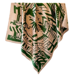 Green and cream floral twill silk square scarf with geometric patterns and numerals