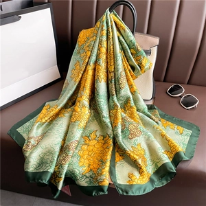 Floral Print Long Scarf Polyester Satin Large Shawl Sun Protection Elegant Chinoiserie Wraps For Women