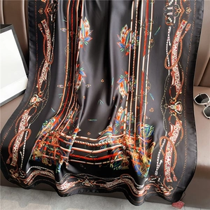 Luxurious black butterfly and chain pattern large silk scarf with retro satin finish