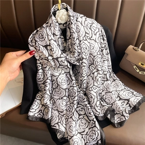 Luxurious long silk scarf featuring black and white damascus rose print for women