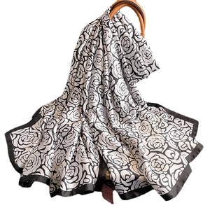 Elegant luxury rose print silk scarf with black and white satin floral design shawl