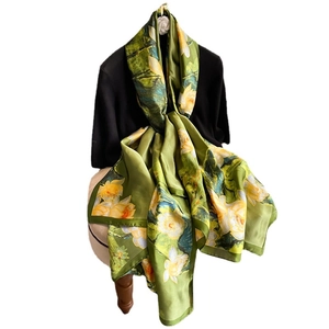 Green silk scarf with lily print, luxury floral shawl for women, 80-100 characters limit