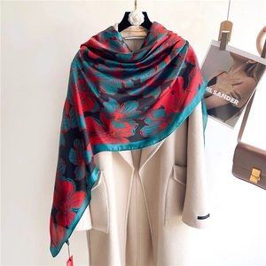 Floral gradient long silk scarf with vibrant flower patterns and elegant shawl style