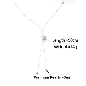 Dettaglio macro della collana argento da 90 cm con pendente a stella e perla da 8 mm