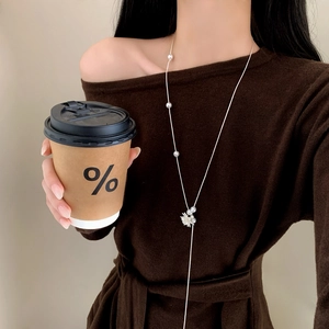 Collana Lunga Künstliche Perle Pendente Stella In Rame Placcato Argento Catena Maglione Elegante Gioielli Moda Donna