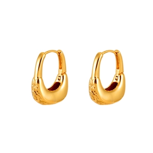 Elegant gold U-shaped chunky earrings with textured engraved edges and polished finish