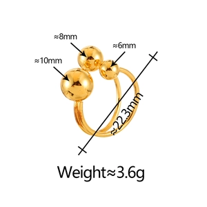 Gold plated bead ring featuring three polished spheres in 10mm 8mm and 6mm sizes