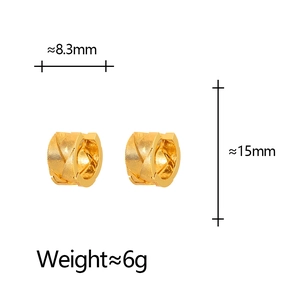 Gold braided texture huggie earrings showing 15mm height and 8.3mm width dimensions
