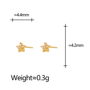 Delicate gold star stud earrings featuring micro-paved zircons and precise measurements
