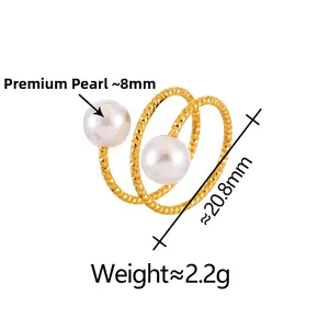 Detail view of double pearl ring showing 8mm pearl size and 20.8mm outer diameter specifications