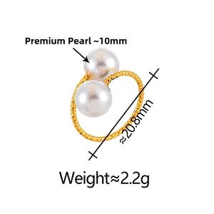 Macro detail of gold twisted band ring with dual 10mm pearls and sizing measurements