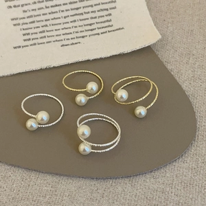 Artificial Pearl Open Adjustable Ring Alloy Gold Silver Plated Twist Rope Texture Spiral Wrap Elegant French Retro Jewelry Women