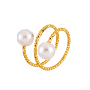 Elegant gold-plated spiral ring featuring twisted bands and two lustrous white pearls