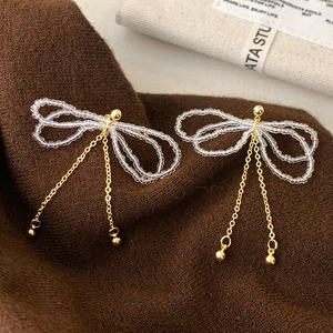 Orecchini Pendenti Con Nappa E Fiocco In Perline Di Cristallo Trasparente Intrecciate Con Perno In Rame Eleganti Per Donna