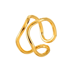 Minimalist double-layer gold wavy open ring with modern fluid design on white background
