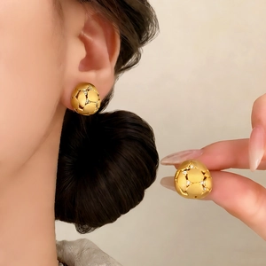 Exquisite gold geometric stud earrings with brushed texture and micro-set zircon accents