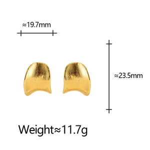 Golden irregular arc earrings with brushed metal finish showing size and weight specs