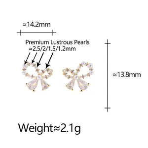 Elegant gold bow earrings with pearls and zircon crystals, 14.2mm size dimension