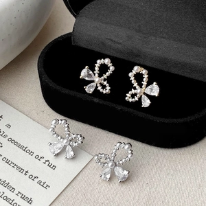 Elegant Bowknot Stud Earrings Artificial Pearl Zircon With Copper Earring Post 14K Gold Plated French Light Luxury Fashion Women