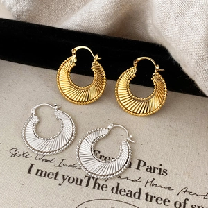 Hoop Earrings Copper Gold Silver Plating Sunburst Radial Texture Beaded Edge Vintage Fashion For Women