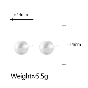 Detail showing 14mm brushed matte metal ball stud earrings with size and weight info