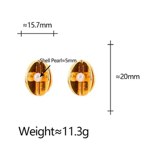 Elegant gold oval shell pearl earrings measuring 15.7mm wide by 20mm high for women
