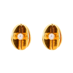 Elegant gold oval pearl stud earrings with textured metallic finish on white background