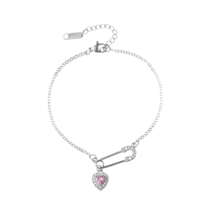 Bracelet trombone élégant en acier inoxydable avec cœur rose et épingle de nourrice en zircon