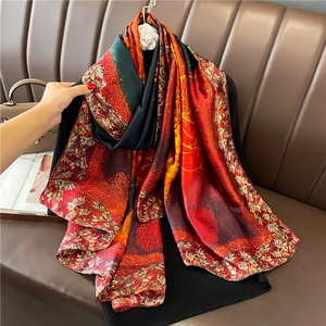 Luxury Floral Print Satin Feeling Scarf Elegant Large Sun Protection Shawl Wrap For Women Travel Beach Party Fashion