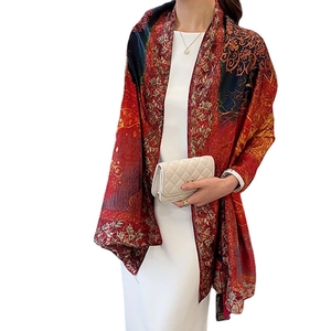 Luxurious floral jacquard shawl scarf with pomegranate red and orange paisley patterns