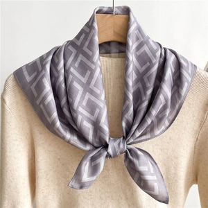 Elegant grey herringbone satin neck scarf with white geometric maze patterns for women