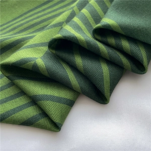 Close-up of green herringbone stripe scarf texture showing soft fabric and weave details