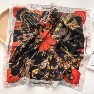 Vintage Floral Print Square Satin Like Scarf Elegant Polyester Satin Bandana For Women Retro Soft Neck Head Wrap
