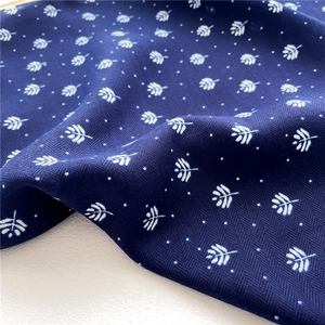 Close-up of navy blue leaf print silk scarf showing detailed herringbone weave texture
