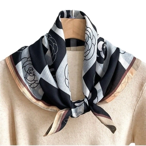 Elegant square silk scarf with black and white camellia floral pattern and geometric design
