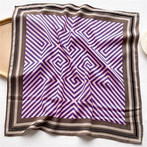 Elegant geometric maze pattern square silk scarf in purple and pink with striped borders