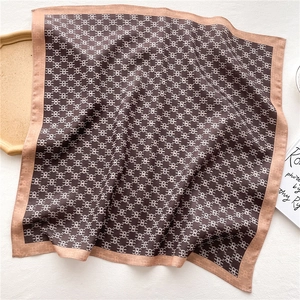 Double-sided silk feel square scarf with monogram pattern and champagne gold border