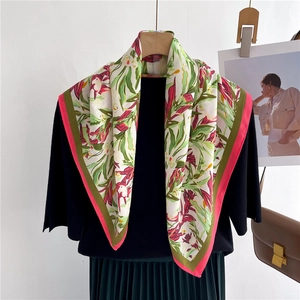 Floral print square scarf in herringbone cotton-linen silk feel fabric worn as a shawl