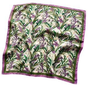 Floral print square silk scarf with purple flower patterns and fringed edges on white background